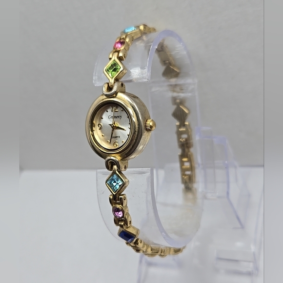 Gramercy Womens Gold Tone Multicolor Gemstone Bracelet Quartz Watch New Battery - Picture 2 of 9